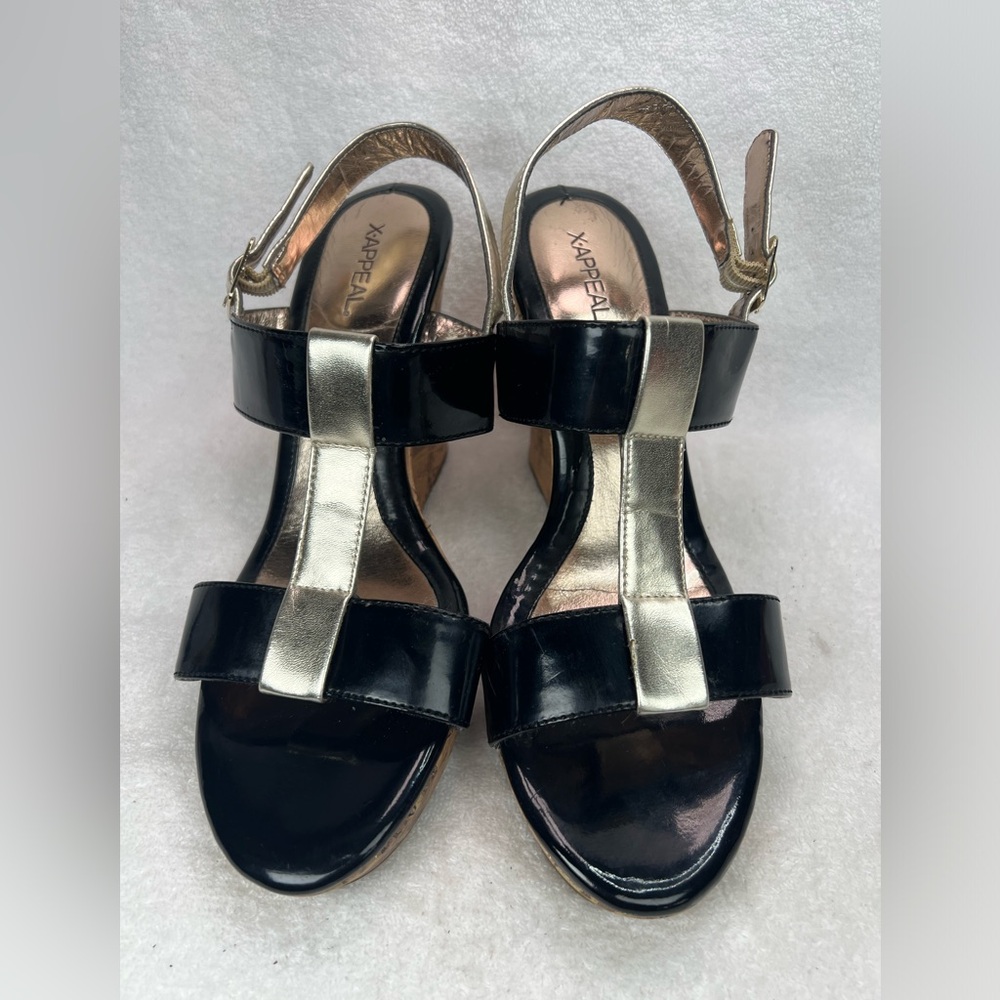 X Appeal, gold and black cork wedges